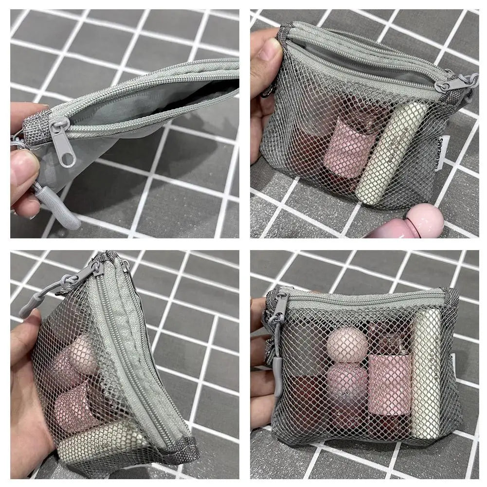Dual-Layer Mesh Storage Bags Portable Travel Makeup Bag with Zipper Mini Toiletries Cosmetics Organizer Simple Stationery Bag