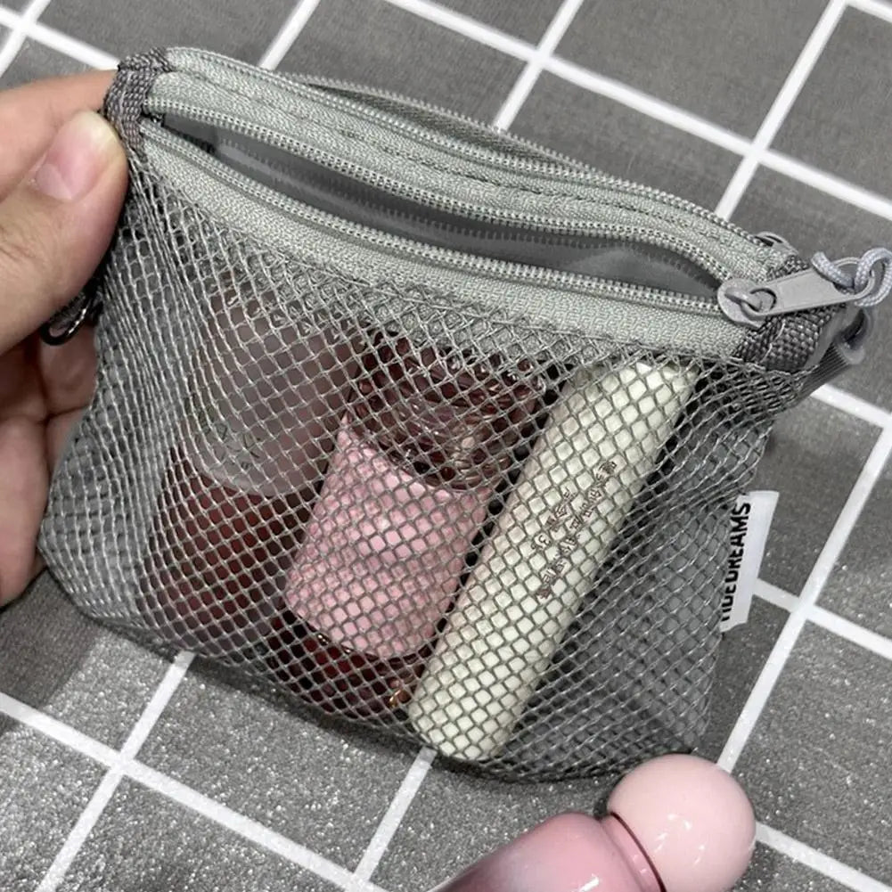 Dual-Layer Mesh Storage Bags Portable Travel Makeup Bag with Zipper Mini Toiletries Cosmetics Organizer Simple Stationery Bag