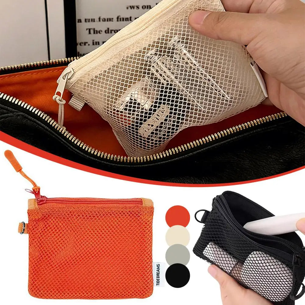 Dual-Layer Mesh Storage Bags Portable Travel Makeup Bag with Zipper Mini Toiletries Cosmetics Organizer Simple Stationery Bag